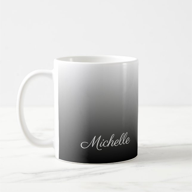 Personalised gradient ombre black shades of grey coffee mug (Left)