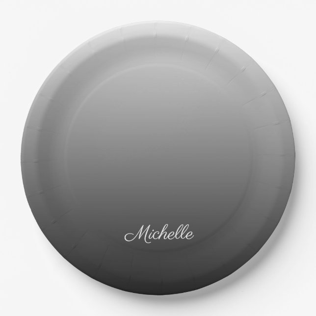 Personalised gradient ombre black shades of grey paper plate (Front)