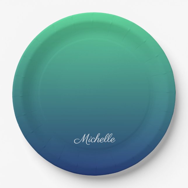 Personalised green and blue ombre paper plate (Front)
