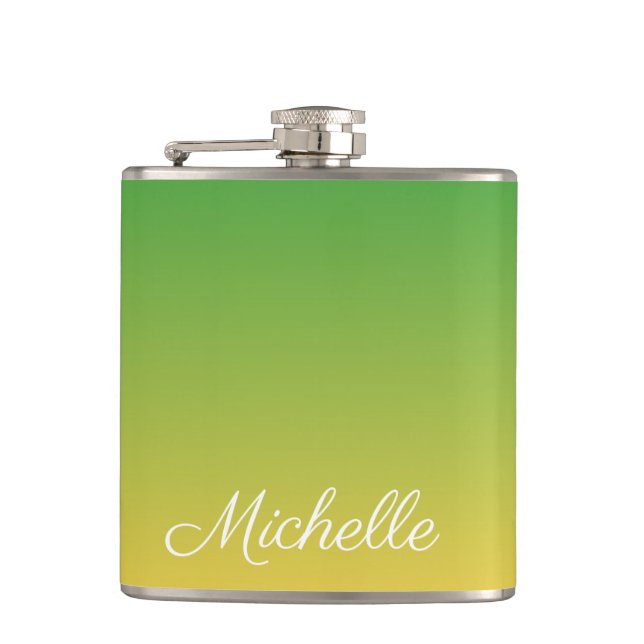 Personalised green and yellow ombre hip flask (Front)