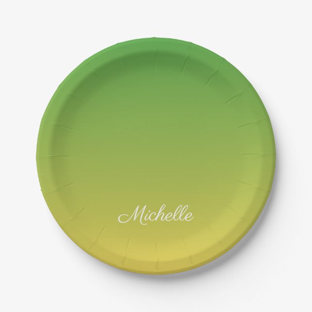 Personalised green and yellow ombre paper plate (Front)