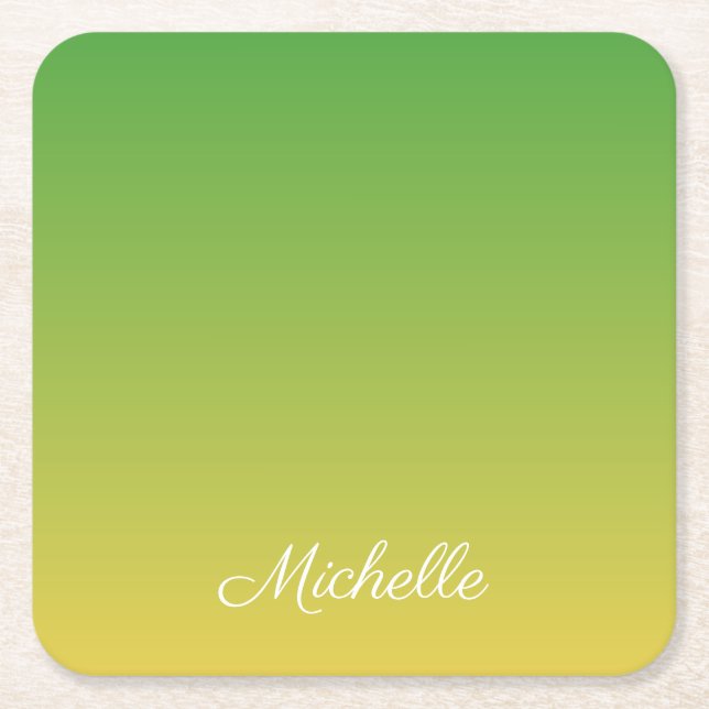 Personalised green and yellow ombre square paper coaster (Front)