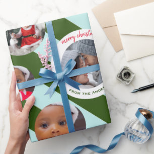 Personalised Green Stripe Fab Three Photo Xmas Wrapping Paper