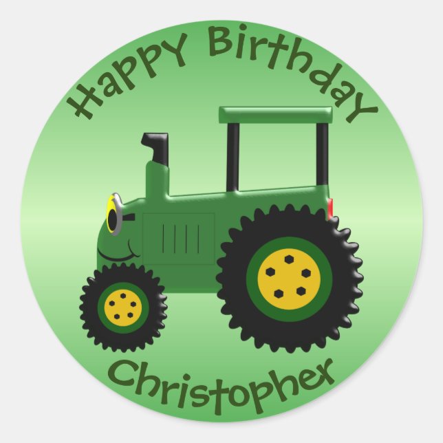 Personalised Green Tractor Birthday Classic Round Sticker (Front)