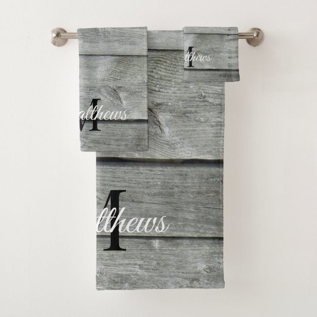 Personalised Grey Country Rustic Monogram Name  Bath Towel Set (Insitu)