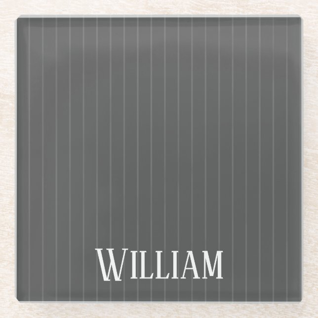 Personalised grey pinstripes glass coaster (Front)