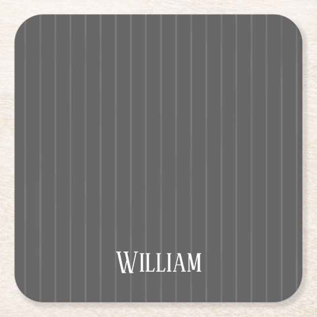 Personalised grey pinstripes square paper coaster (Front)