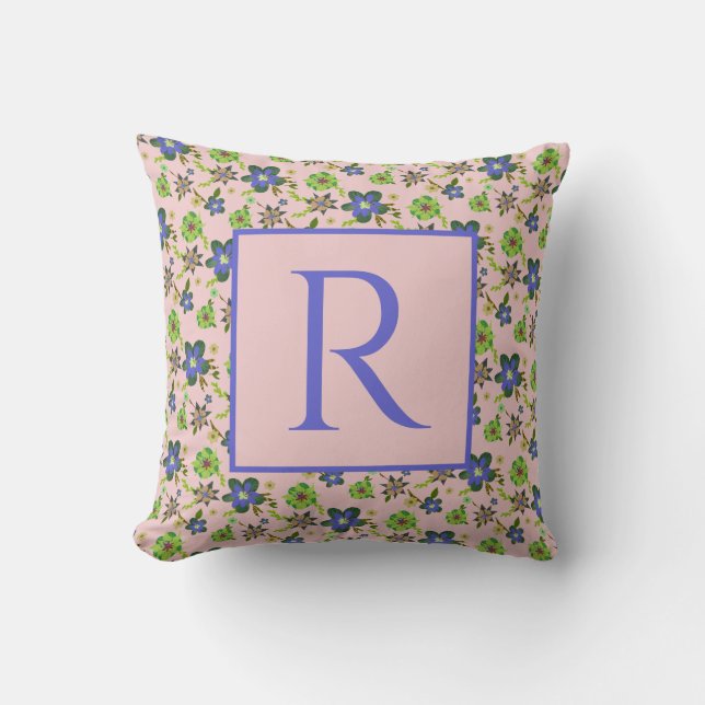 Personalised Initial  Pink Purple Hibiscus Pattern Throw Pillow (Front)