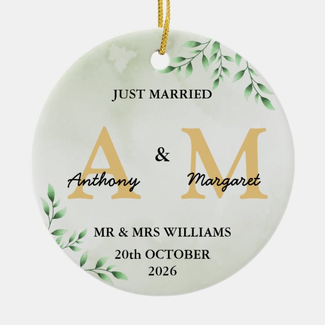 Personalised Just Married monogram Names Mr & Mrs Ceramic Ornament (Front)
