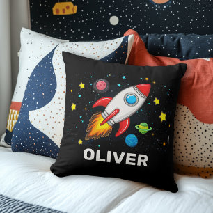 Personalised Kids Space Rocket Ship Planets Throw Pillow