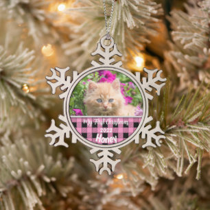 Personalised Kitten's First Christmas Pink Check Snowflake Pewter Christmas Ornament