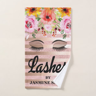 Personalised Lashes Rose Gold Glitter Floral Hand Towel