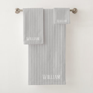 Personalised light grey pinstripes bath towel set