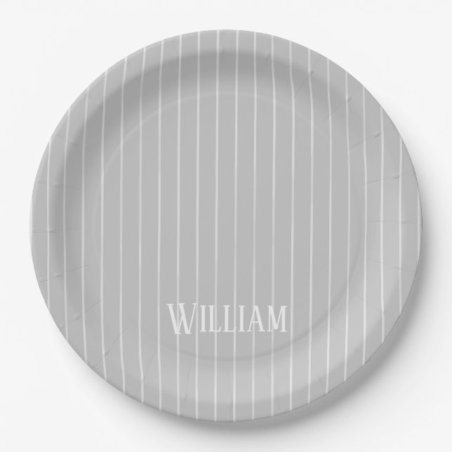 Personalised light grey pinstripes paper plate (Front)