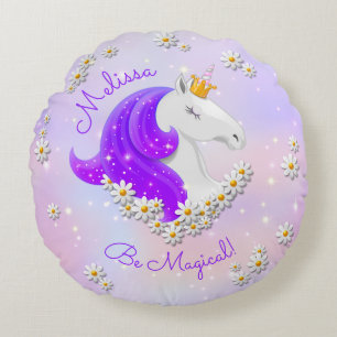 Personalised Lilac Magical Unicorn Princess Round Pillow