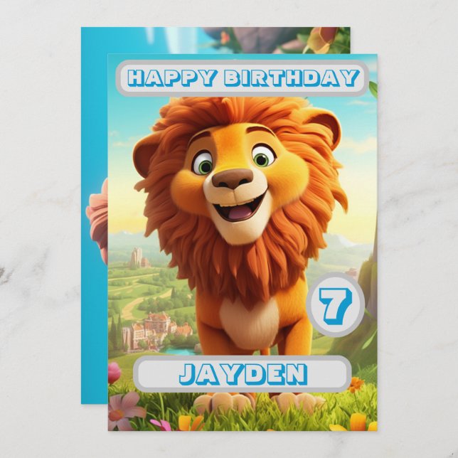 Personalised Lion Birthday Card  Kids Name Age (Front/Back)