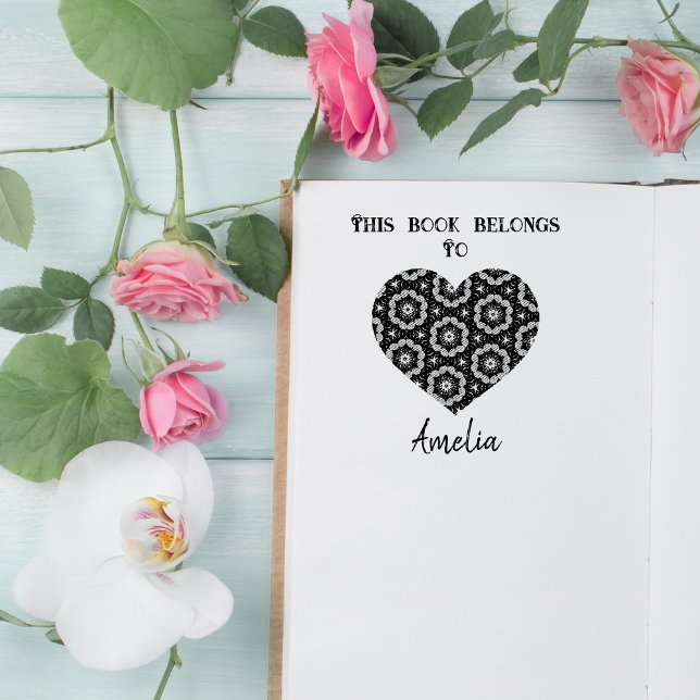Personalised Love Heart Bookplate Rubber Stamp (Show your books some love with a cute personalised love heart bookplate stamp)