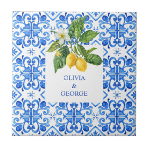 Personalised Mediterranean lemons wedding blue  Tile