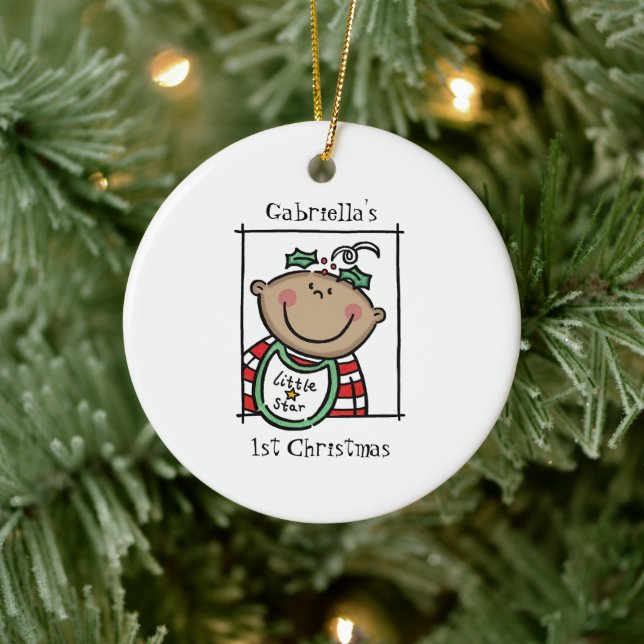 Personalised Medium Skin Tone Baby Face Baby's 1st Ceramic Ornament (Tree)