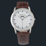 Personalised men's watch with brown leather band<br><div class="desc">Personalised men's watch with brown leather band.
Classy gift idea for dad,  husband,  brother,  friend,  coworker,  employee,  barber etc.
Chic dial with custom name and dapper moustache logo.
Cool masculine gift idea for him. Great for Birthday,  retirement,  Christmas and more.</div>