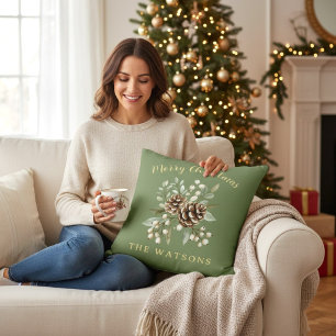 Personalised Merry Christmas Sage Green Botanical  Throw Pillow