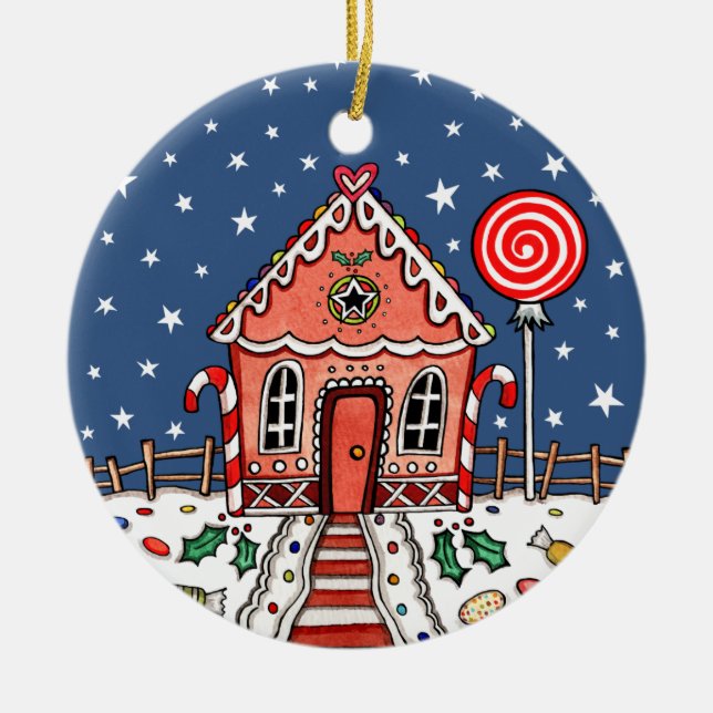 Personalised Message Gingerbread House Tree Ceramic Ornament (Front)