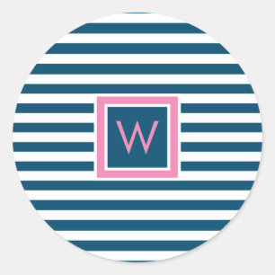Personalised Monogram Slate Blue and White Striped Classic Round Sticker