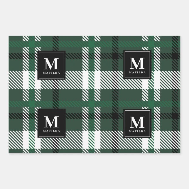 Personalised monogram tartan christmas wrapping paper sheet (Front)