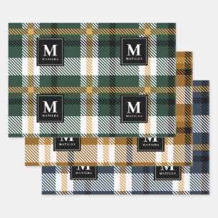 Personalised monogram tartan christmas wrapping paper sheet