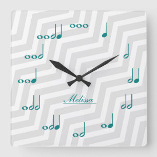 Personalised Music Notes - teal blue and grey Square Wall Clock
