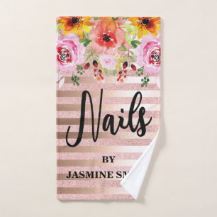 Personalised Nails Rose Gold Glitter Floral Hand Towel