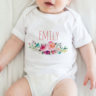 Personalised Name Baby Girl Watercolor Floral-5 Baby Bodysuit