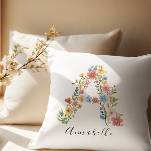 Personalised Name & Floral Monogram 'A' Throw Pillow