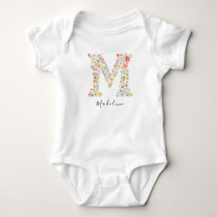 Personalised Name & Floral Monogram 'M' Baby Bodysuit