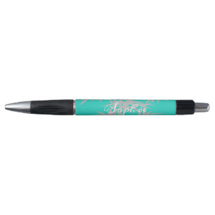 Personalised name grey and teal bamboo pen