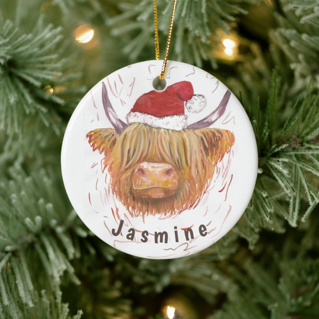 Personalised Name Highland Cow with Christmas Hat Ceramic Ornament (Tree)