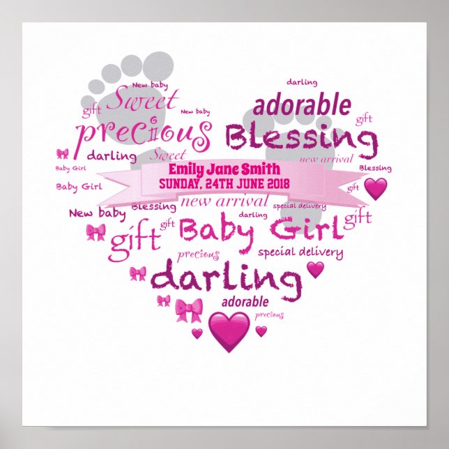 Personalised Name New Baby Girl Word Art Poster (Front)