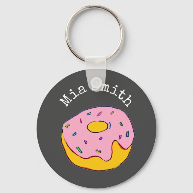 Personalised name pink doughnut cute on grey keychain (Front)