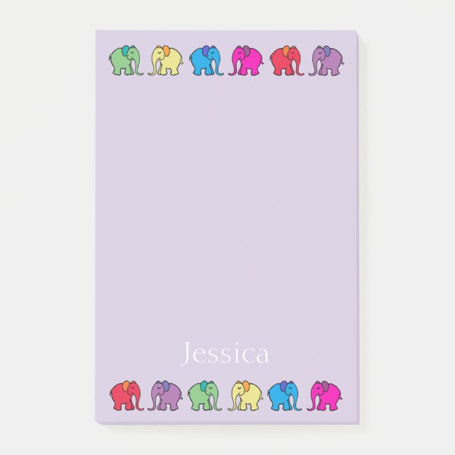 Personalised Name Rainbow Coloured Elephant Post-it Notes (Front)