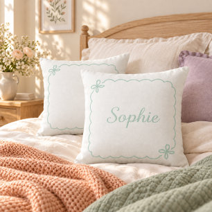 Personalised Name Scalloped Bow Mint Green Throw Pillow