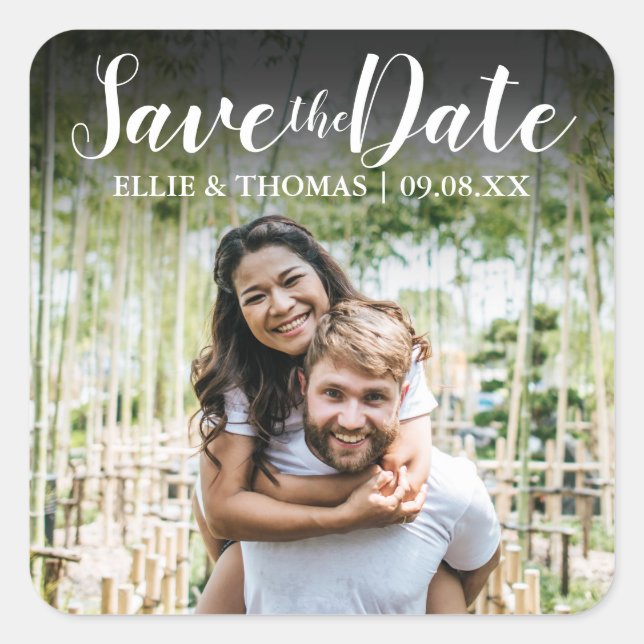 Personalised Names Photo Script Save the Date Square Sticker (Front)
