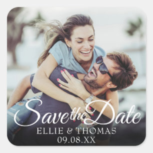 Personalised Names Photo Script Save the Date Square Sticker