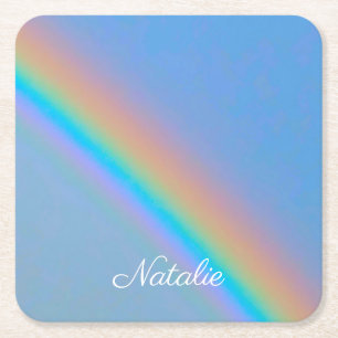 Personalised natural real rainbow square paper coaster