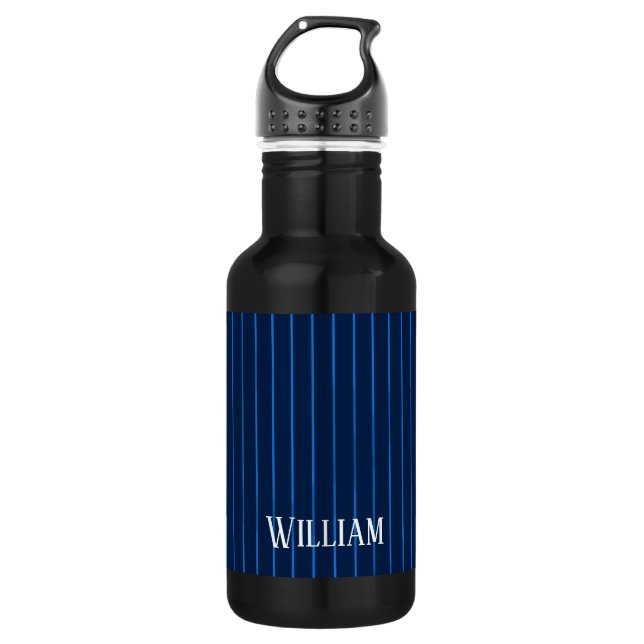 Personalised navy blue pinstripes 532 ml water bottle (Front)