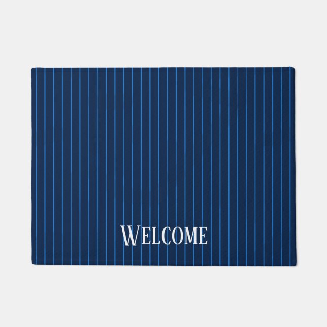 Personalised navy blue pinstripes doormat (Front)