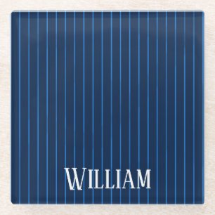 Personalised navy blue pinstripes glass coaster
