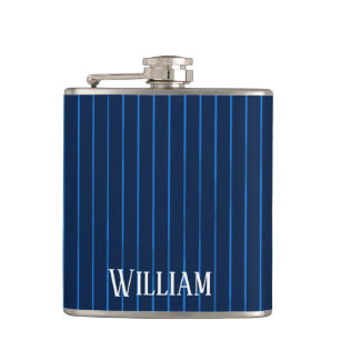 Personalised navy blue pinstripes hip flask