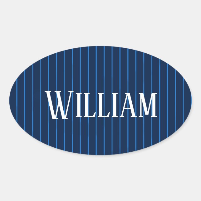 Personalised navy blue pinstripes oval sticker (Front)