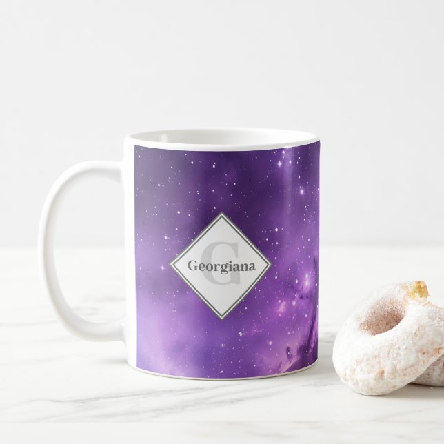Personalised Outer Space Purple Galaxy Monogrammed Coffee Mug (With Donut)