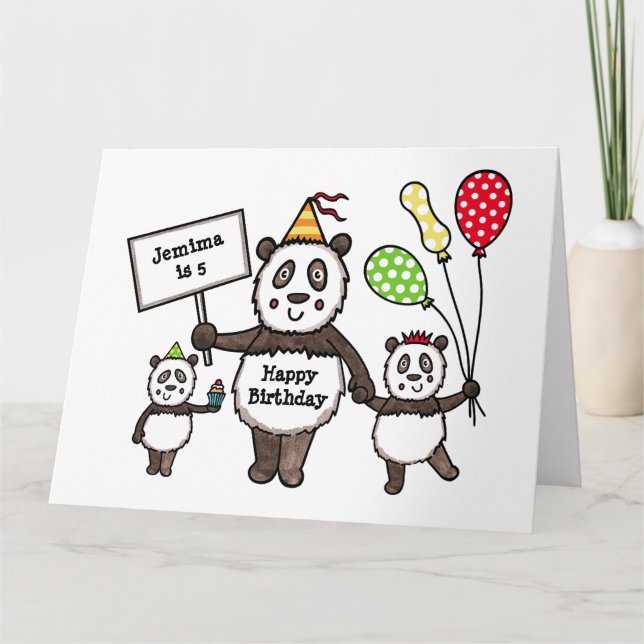Personalised Panda Party Kid's Birthday Card (Front)